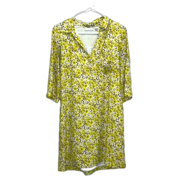 New York & Co floral yellow dress v neck collar shirt dress lined pockets small